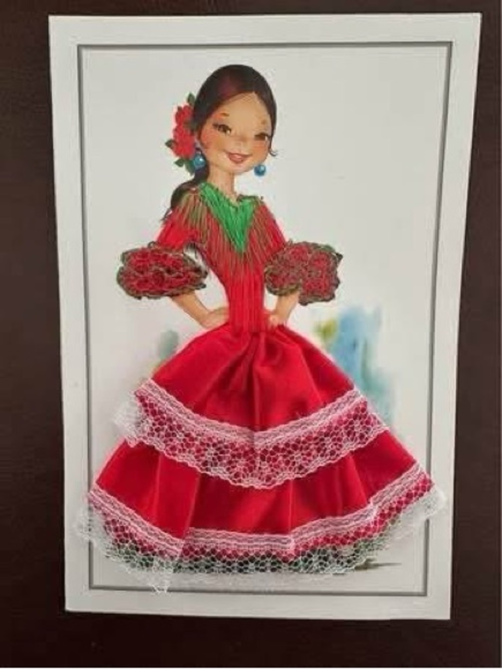 Postcard collectors Embroidered Spain Flamenco Girl Dancer Red Dress